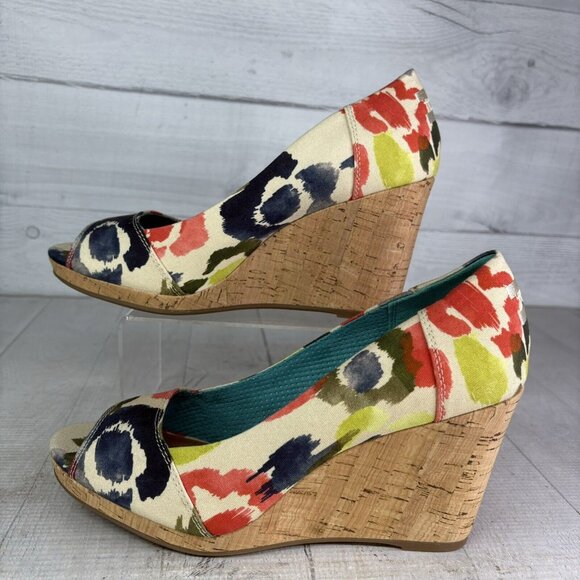 Toms STELLA Abstract Floral Canvas Peep Toe Cork Wedge Heel Slip On Shoes Size 9 - Picture 5 of 16